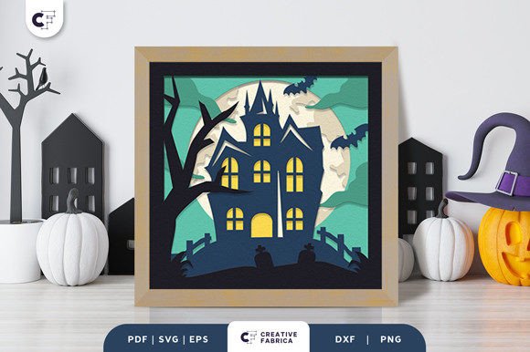 Haunted Castle Night Shadow Box 3D SVG for Halloween